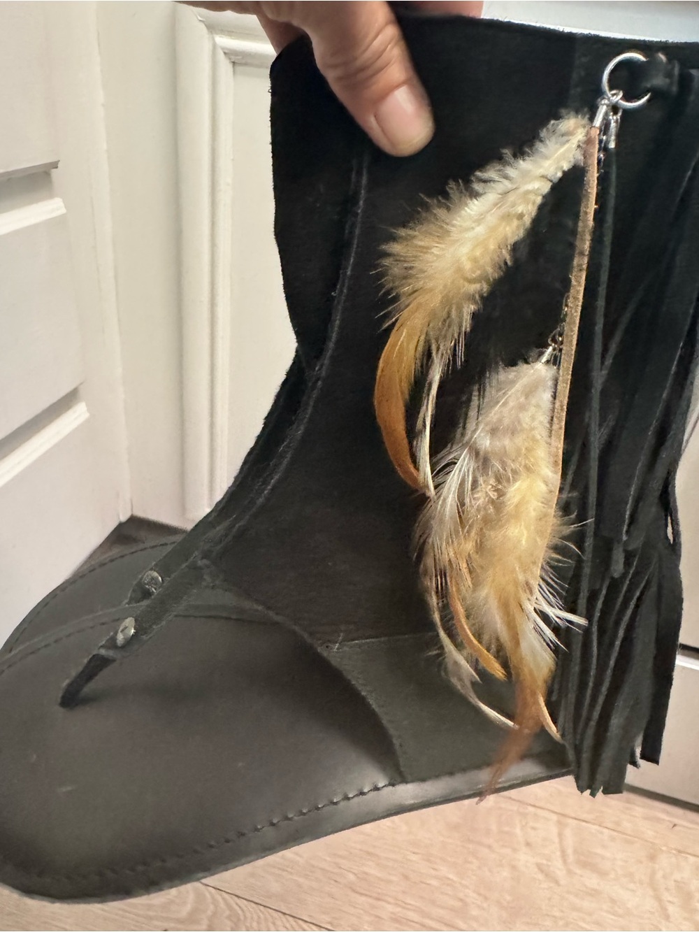 Koolaburra Black Suede Thong Sandal with Feathers